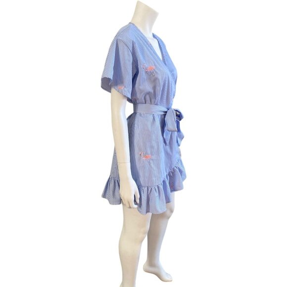 ROMEO & JULIET COUTURE Blue & White Striped Wrap Dress With Flamingos, Small - Picture 10 of 12